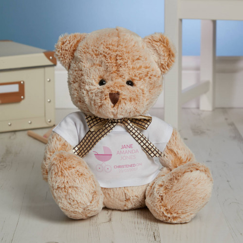 Personalised Pink Pram Christening Fudge Teddy Bear